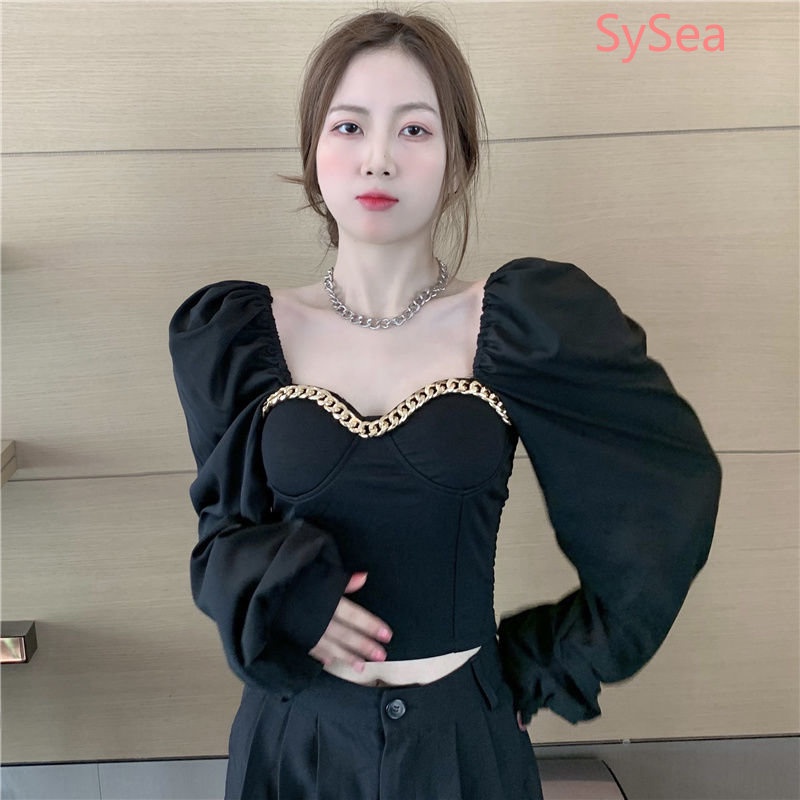 Áo Kiểu Tay Phồng Cổ Vuông Phối Dây Xích Phong Cách Hàn Quốc