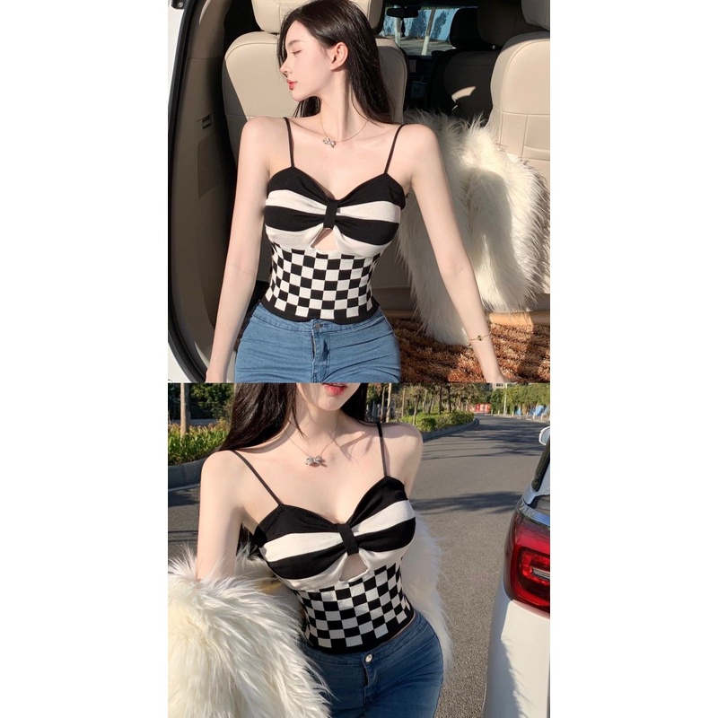 Áo Hai Dây Dệt Kim Họa Tiết Sọc Caro Phong Cách Hàn Quốc