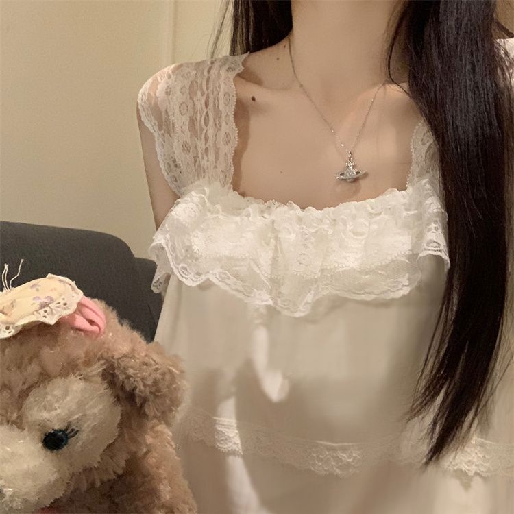 Bộ Đồ Ngủ Hai Dây Phối Ren Màu Trơn Ngọt Ngào Dễ Thương Thời Trang Mùa Hè Cho Bạn Gái