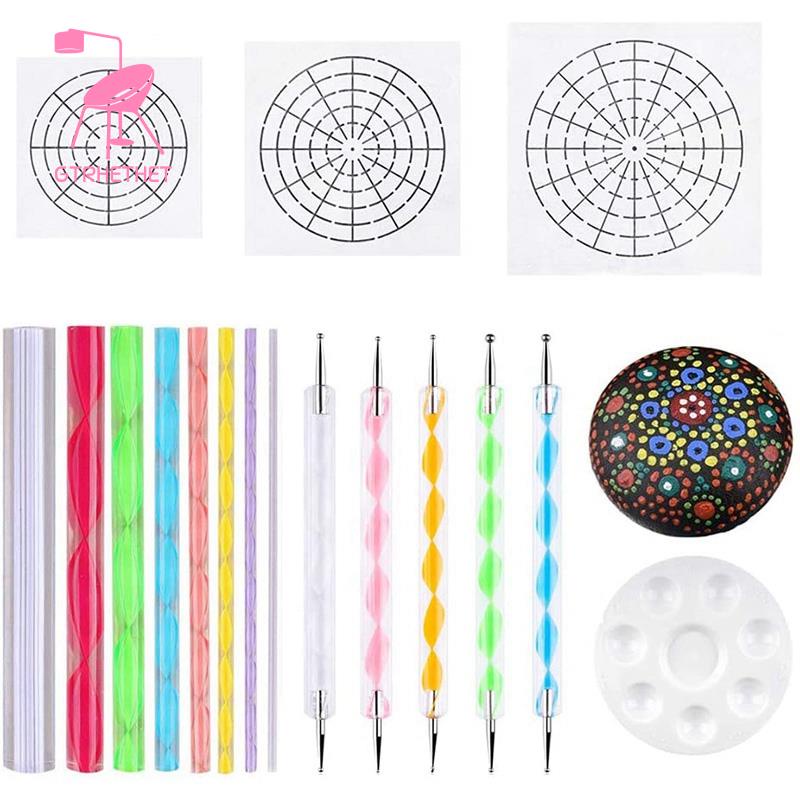Bộ 17 Dụng Cụ Khuôn Họa Tiết Mandala Gồm Bút Bi Và Khay Đựng Sơn