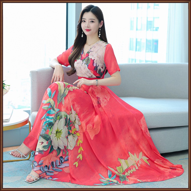 Đầm Dài Tay Ngắn Cổ Chữ V In Họa Tiết Thời Trang Dành Cho Nữ