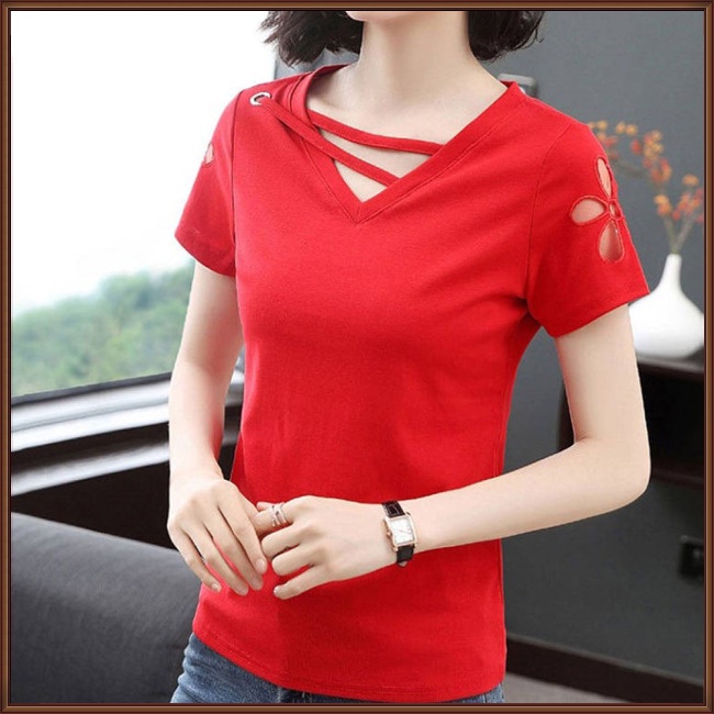 Áo Thun Tay Ngắn Cổ Chữ V Màu Sắc Thời Trang Dành Cho Nữ