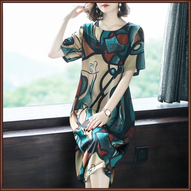 Đầm Midi Tay Ngắn Cổ Tròn Dáng Rộng In Họa Tiết Thời Trang Mùa Hè Xinh Xắn Cho Nữ