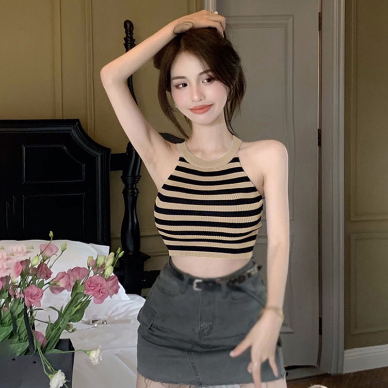 Áo Croptop Dệt Kim Sát Nách Kẻ Sọc Kiểu Hàn Quốc Cá Tính Cho Nữ