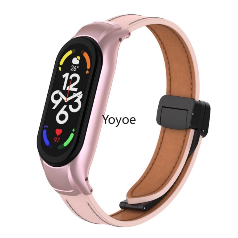 Bộ Dây Đeo Bằng Da + Vỏ Kim Loại Có Khóa Nam Châm Cho Mi Band 7 6 5 4 3 Xiao Mi Band 5 4