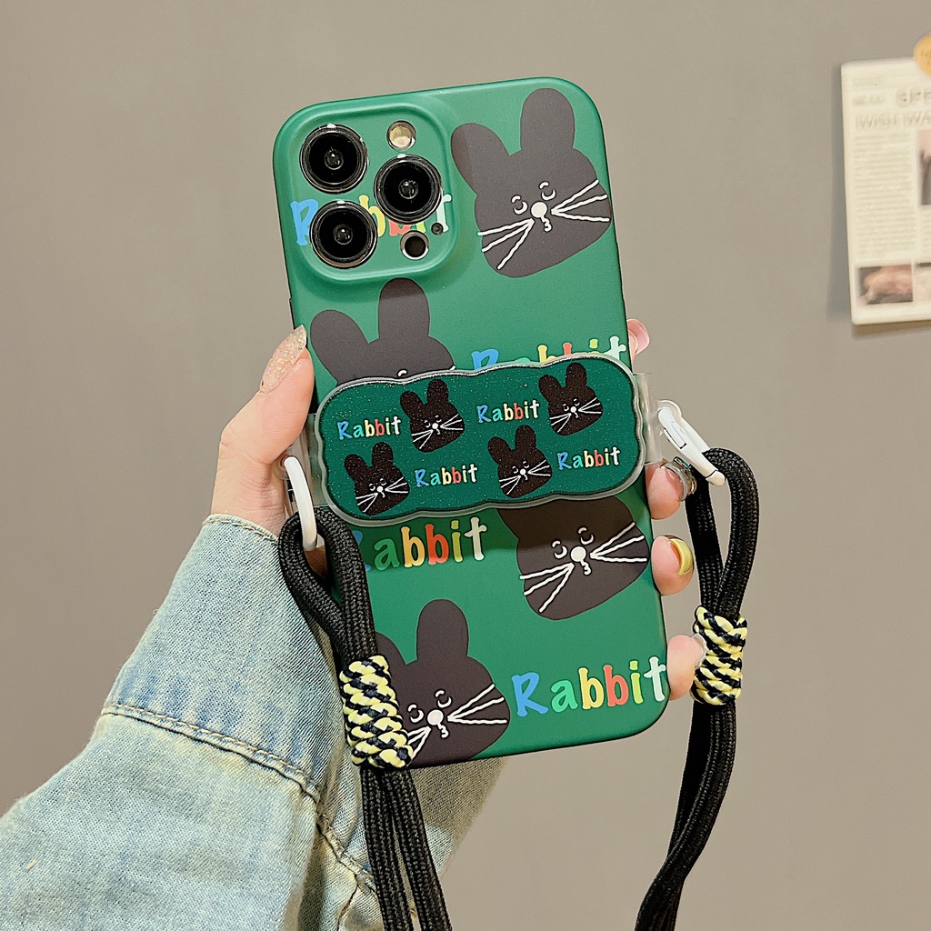 Ốp Điện Thoại TPU Dẻo Họa Tiết Chú Thỏ Đen Kèm Kẹp Chống Rơi Cho iphone 12 14 13 11 Pro Max