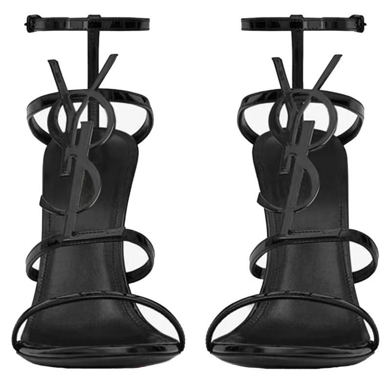 High-heeled shoes women's 2023-letter buckle sexy thin heel leather open toe black all-match sandals women's shoes FPFO