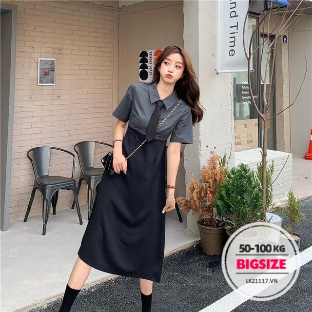 Váy đầm nữ Bigsize Đầm sơ mi dáng dài tay ngắn có cổ mùa hè Phong cách Hàn Quốc Thời Trang đẹp