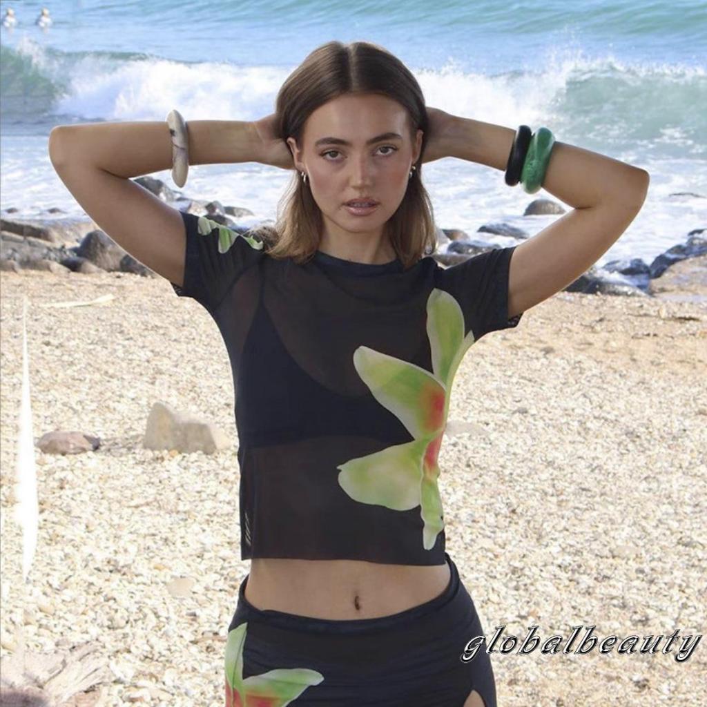 Bộ Trang Phục 2 Mảnh Gồm Áo Thun Lưới Tay Cộc In Họa Tiết Hoa + Chân Váy Chữ A Mini Cho Nữ