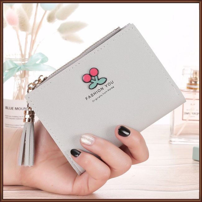 Ví Ngắn Dạng Gập Có Nhiều Ngăn Đựng Thẻ Màu Trơn Đính Tua Rua Và Khóa Kéo Thời Trang Cho Nữ