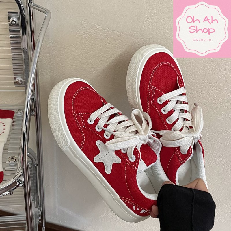 🍓  Giày Nữ Đi Học Giày Vải Canvas Màu Đỏ Hình Ngôi Sao
