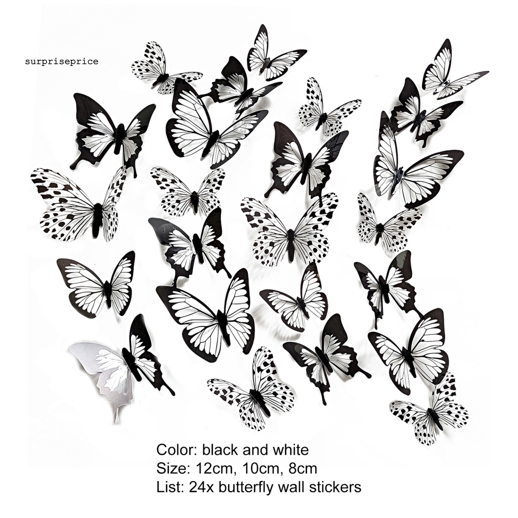 Set 24 Sticker Dán Tường Tự Dính Hình Bướm 3D Màu Trắng Đen Trang Trí Phòng Khách