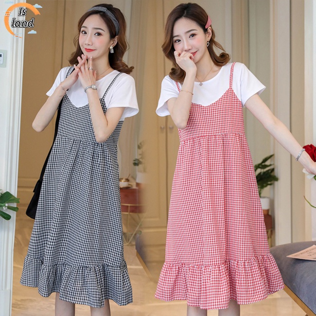 [IS] Đầm Bầu Giả Hai Lớp Bằng Vải Cotton Thoải Mái Thoáng Khí Tay Ngắn Cổ Tròn In Caro Dành Cho Phụ Nữ