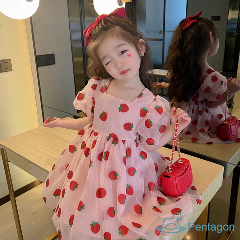 Đầm Công Chúa Mùa Hè In Họa Tiết Dâu Tây Dễ Thương Phong Cách Hàn Quốc Cho Bé Gái