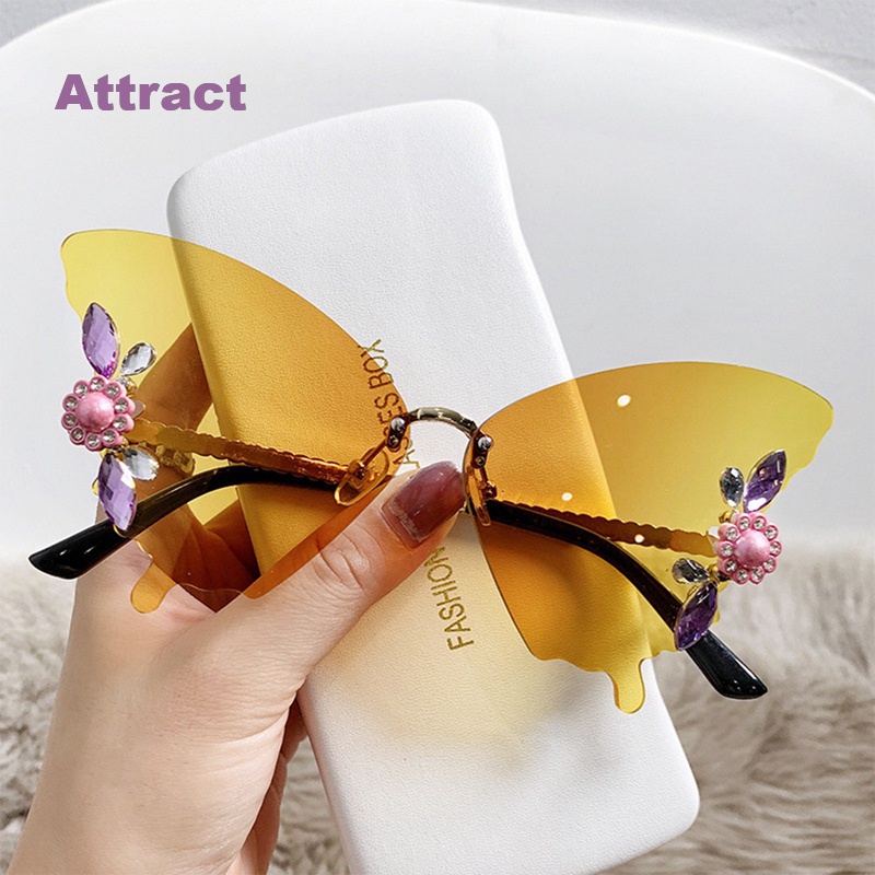Kính Mát Hình Bướm Đính Kim Cương Giả Không Gọng Màu Sắc Gradient Thời Trang
