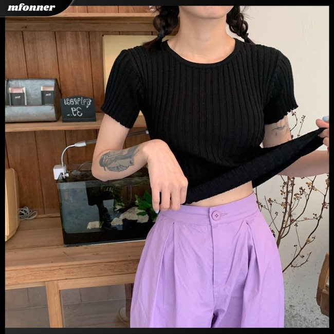 Áo Croptop Dệt Kim Tay Ngắn Cổ Tròn Màu Sắc Đơn Giản Cho Nữ