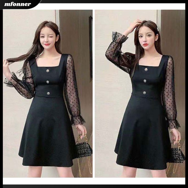 Đầm Chữ A DàI Tay Cổ Vuông, MàU SắC Trơn Cho Nữ