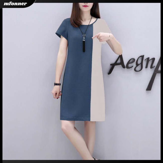 Đầm Dáng Chữ A Tay Ngắn Cổ Tròn Màu Sắc Tương Phản Thời Trang Cho Nữ
