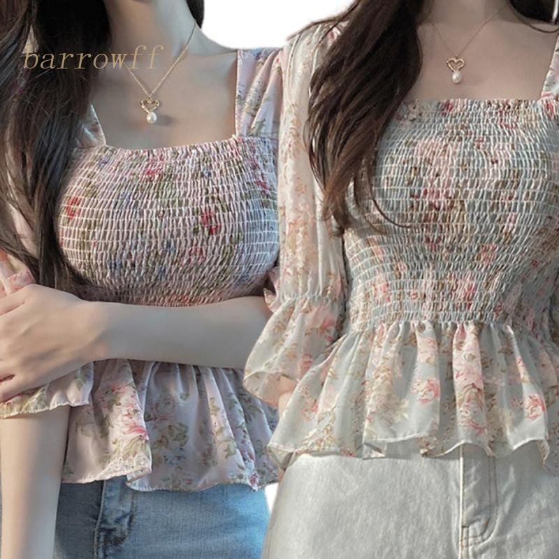 Áo Voan Hoa Tay Lửng Cổ Vuông Xinh Xắn Dành Cho Nữ