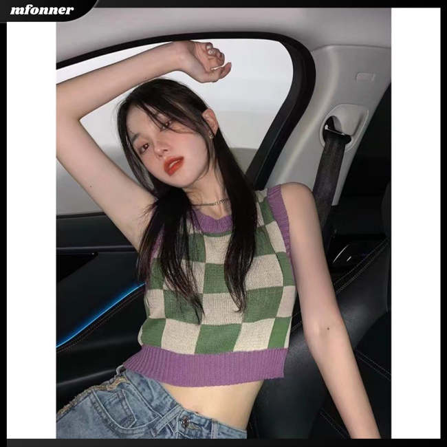 Áo Croptop Dệt Kim Không Tay Cổ Tròn In Họa Tiết Bảng Thời Trang Cho Nữ