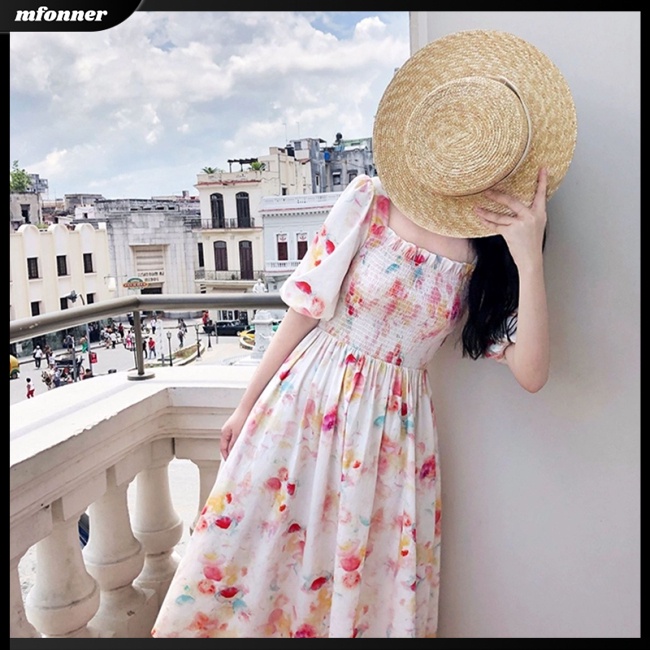 Đầm Midi Dáng Chữ A Tay Phồng Cổ Vuông in Họa Tiết Tranh Sơn Dầu Thời Trang Cho Nữ