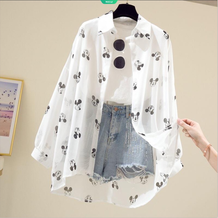 Áo Sơ Mi Tay Dài Chống Nắng Dáng Rộng In Họa Tiết Hoạt Hình Mickey Phong Cách Hàn Quốc Thời Trang Xuân Hè 2023 Cho Nữ