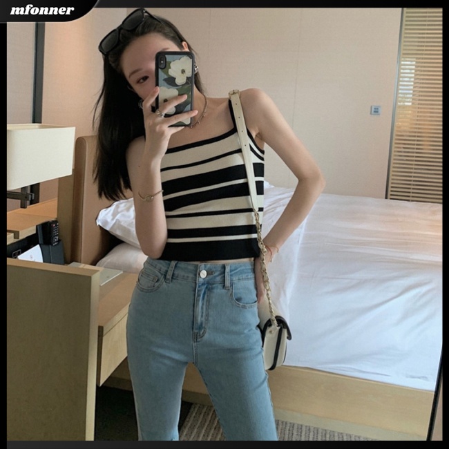 Áo Hai Dây Dệt Kim Kẻ Sọc Thoáng Khí Phong Cách Retro Cho Nữ