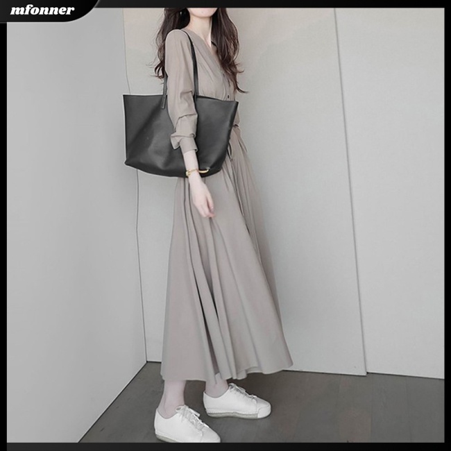 Đầm Tay Dài Cổ Chữ V Màu Sắc Thanh Lịch Dành Cho Nữ