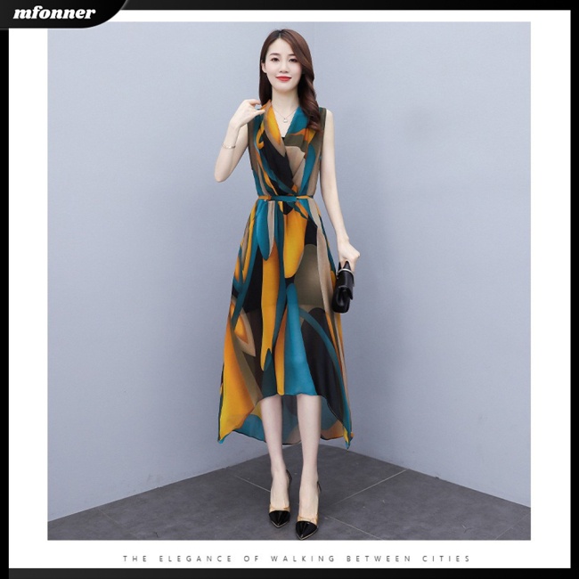 Đầm Dài Qua Gối Không Tay Cổ Chữ V In Họa Tiết Phong Cách Phương Tây Lãng Mạn Dành Cho Nữ