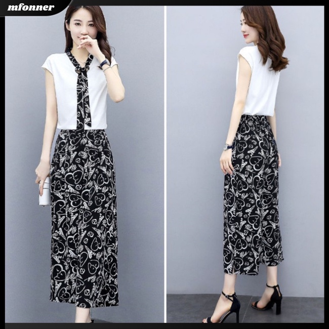 Bộ Áo Cổ Chữ V + Quần Dài In Họa Tiết Thời Trang Mùa Hè Cho Nữ