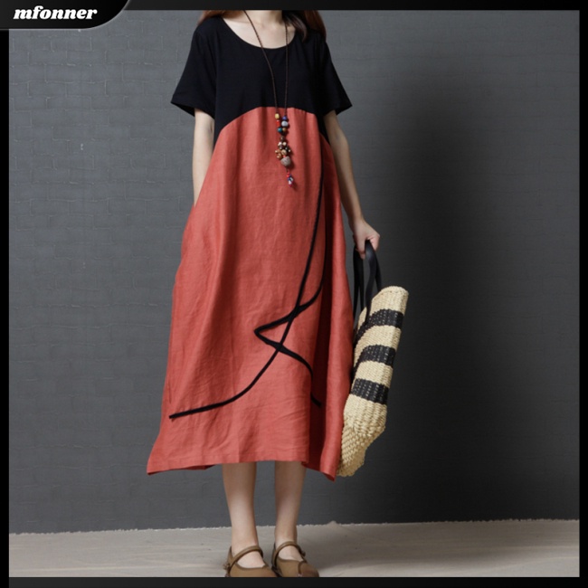 Đầm Cổ Tròn Size Lớn Phối Màu Thời Trang Mùa Hè Cho Nữ