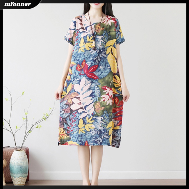 Đầm Tay Ngắn Dáng Rộng Cỡ Lớn Thời Trang Mùa Hè Phong Cách Retro Cho Nữ