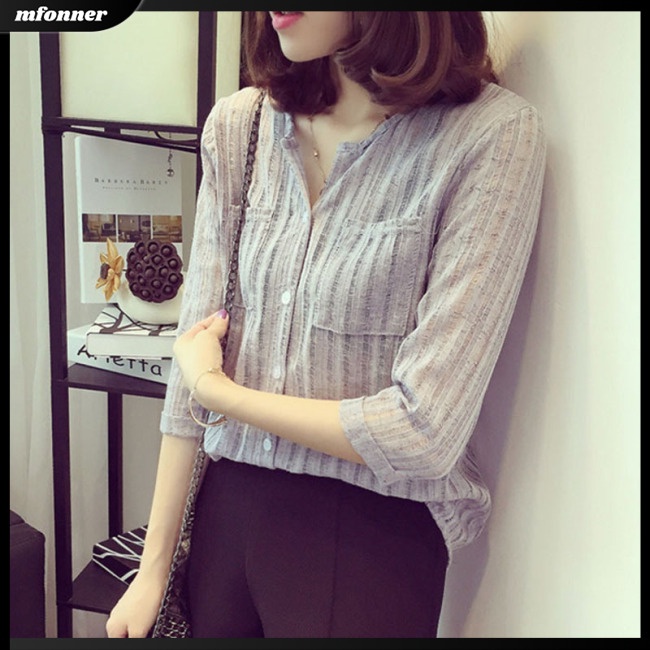 Áo Sơ Mi Nữ Dáng Rộng Cổ Chữ V Thoáng Khí Họa Tiết Kẻ Sọc Dọc Thời Trang