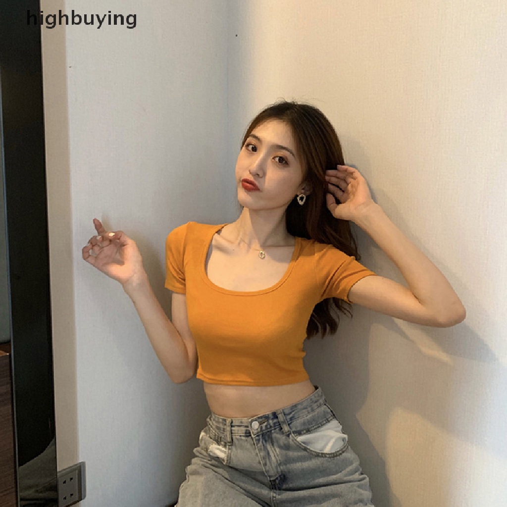 Áo Thun Lửng Cổ Vuông Tay Ngắn Màu Sắc Đơn Giản Cho Nữ