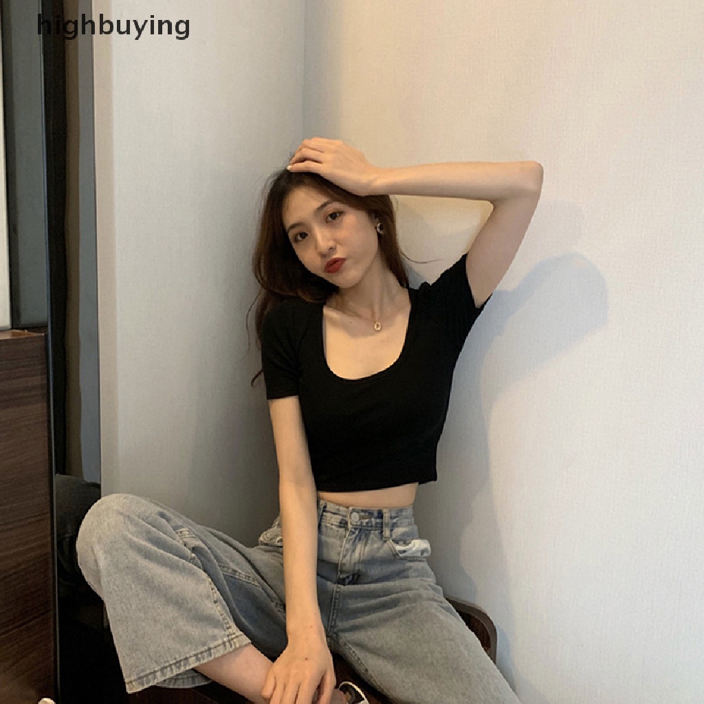 Áo Thun Lửng Cổ Vuông Tay Ngắn Màu Sắc Đơn Giản Cho Nữ