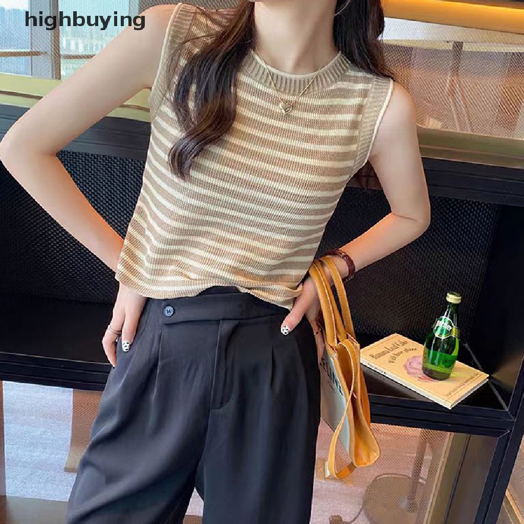 Áo Hai Dây Dệt Kim Cổ Tròn Họa Tiết Kẻ Sọc Phong Cách Retro Cho Nữ