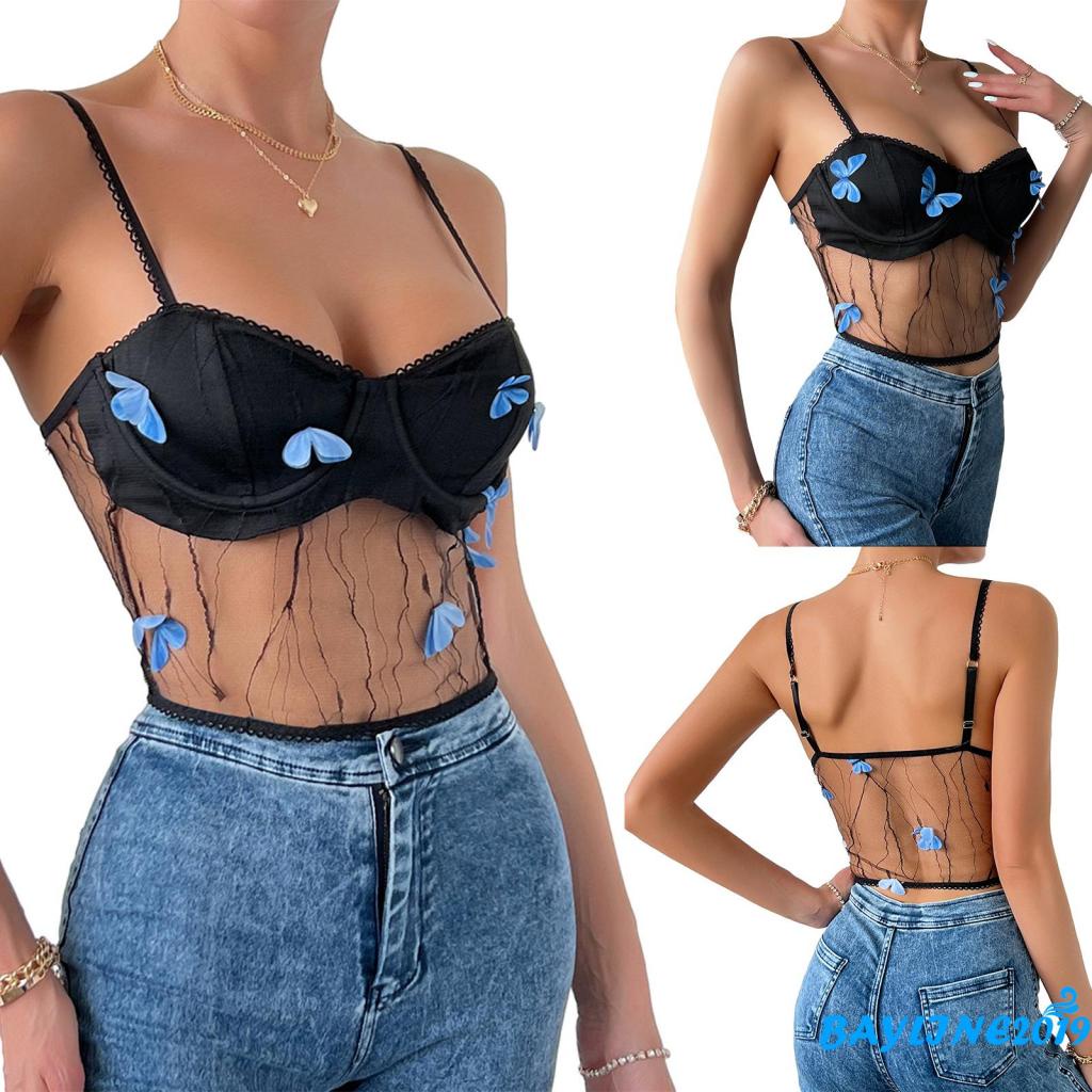 Áo Hai Dây Mỏng Xuyên Thấu Cổ Chữ V Xẻ Sâu Phối Họa Tiết Bướm Thời Trang Mùa Hè Cho Nữ