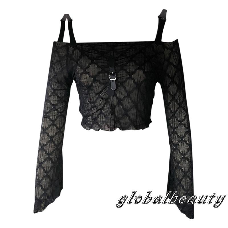 Áo Croptop Mỏng Tay Dài Hở Vai Có Dây Khóa Trước Thời Trang Cho Nữ