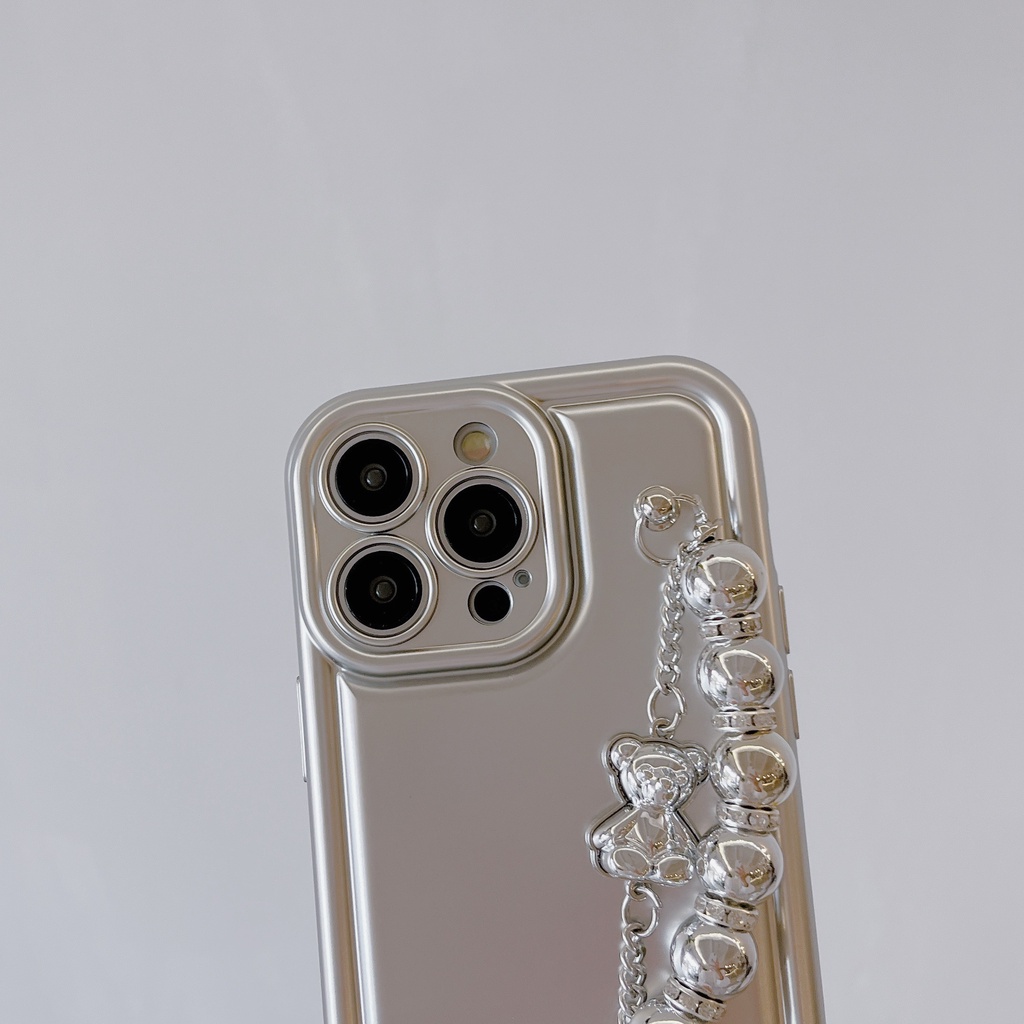 Ốp Điện Thoại TPU Dẻo Mạ Điện Họa Tiết Gấu &amp; Ngọc Trai Kèm Vòng Đeo Tay Độc Đáo Cho iPhone 14 13 12 11 PRO MAX