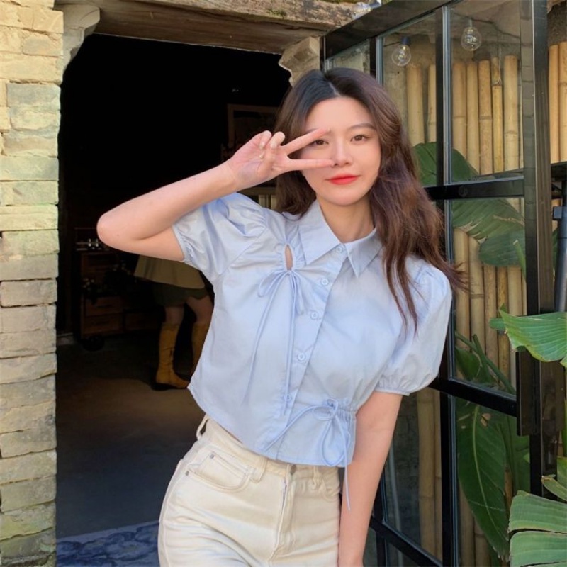 Áo Sơ Mi Tay Ngắn Phồng Thiết Kế Dây Rút Thời Trang Mùa Hè Mới Cho Nữ