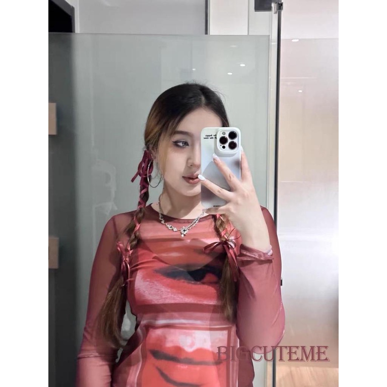 [] Áo Crop Top Lưới Mỏng Tay Dài Xuyên Thấu Cổ Tròn In Họa Tiết Vintage Ôm Dáng Phong Cách Đường Phố Mùa Xuân Cho Nữ
