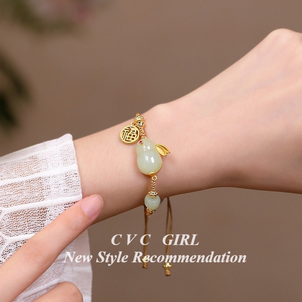 Vòng Tay Dây Rút Đính Ngọc Bích Giả Hình Thỏ Hetian Nhẹ Nhàng Sang Trọng Thương Hiệu Niche Fortune