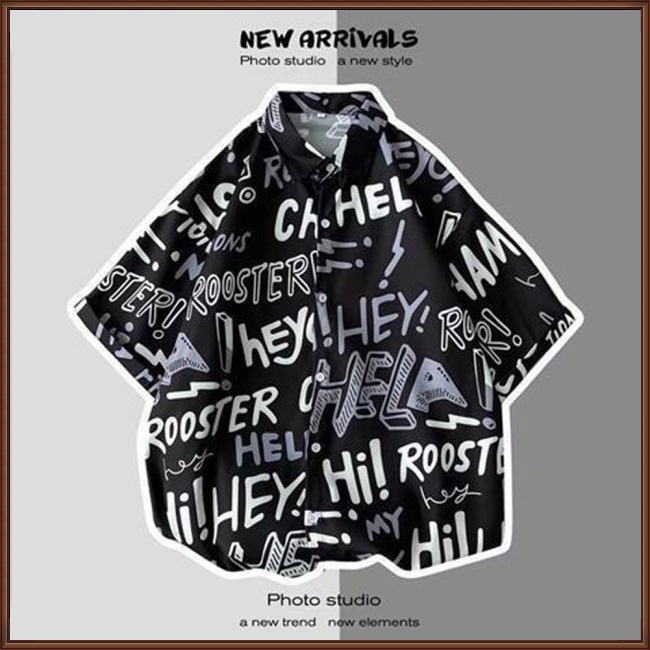 Áo Sơ Mi Nam Tay Ngắn Dáng Rộng In Chữ Phong Cách Hong Kong Thời Trang Mùa Hè