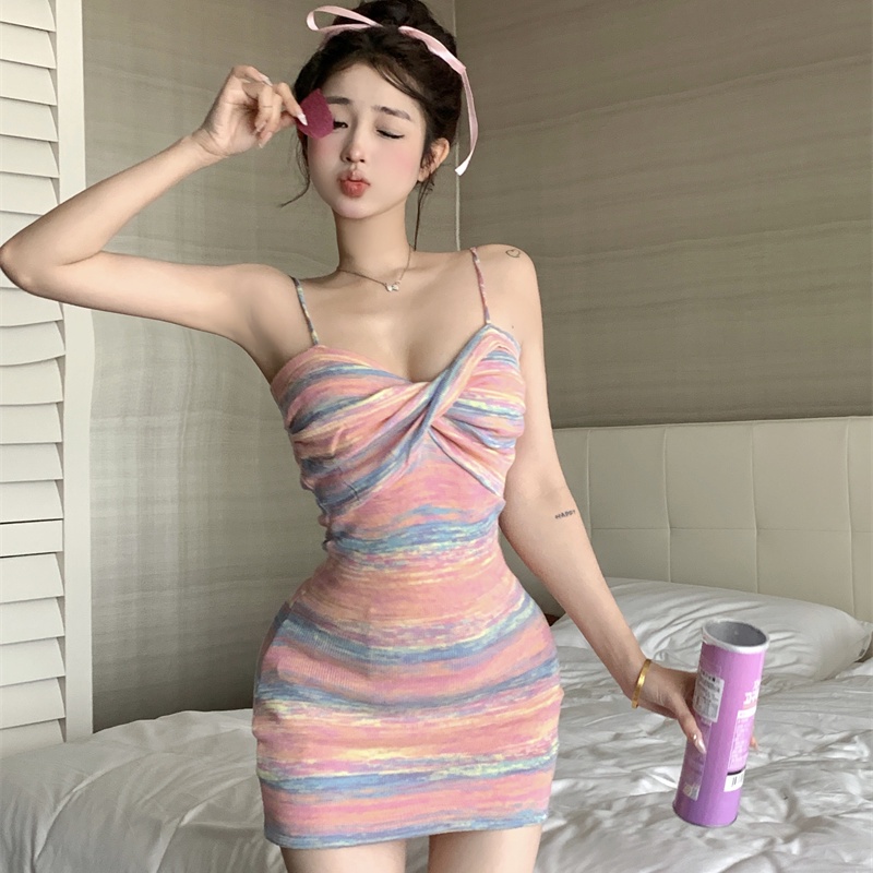 COZOK Đầm Dệt Kim Sát Nách Cổ Chữ V Màu Cầu Vồng Thời Trang Quyến Rũ