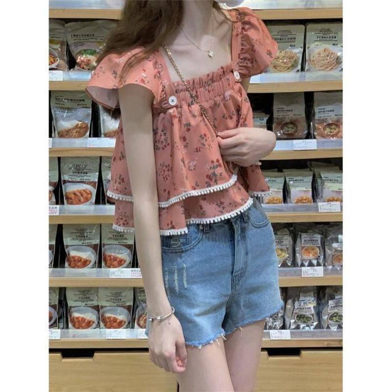 Áo Thun Ngắn Tay Cổ Vuông In Hoa Nhỏ Thiết Kế Xia Xiaozhong Ngọt Ngào Cho Nữ