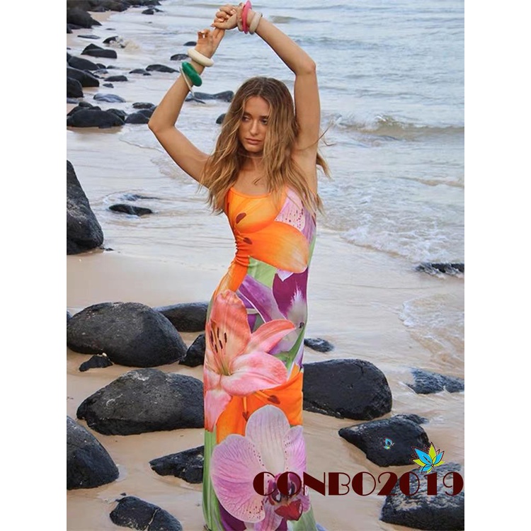 Đầm Dài Hai Dây Hở Lưng Khoét Sâu Họa Tiết Hoa Thời Trang Mùa Hè Cho Nữ