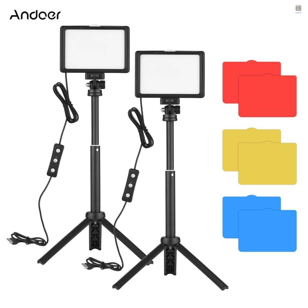 Bộ Đèn Chiếu Sáng Andoer USB Video 2 * LED Video 5600K + 2 * Tripod Để Bàn + 2 * 180° Bộ Chuyển Đổi Gắn Xoay Được + Bộ Lọc Màu Đỏ / Vàng / Xanh Dương 8 Cái