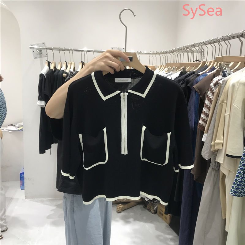 Áo Dệt Kim Phối Khóa Kéo Phong Cách Retro Hàn Quốc Cho Nữ