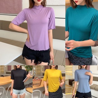 Áo Thun cotton Tay Lửng Cổ Cao Dáng Rộng Thời Trang Mùa Hè 2023 Cho Nữ
