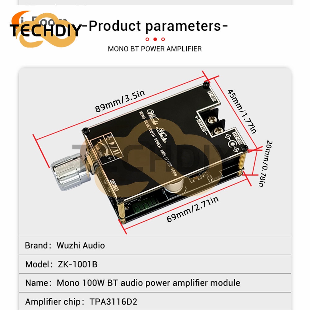 Bảng Mạch Khuếch Đại Âm Thanh Bluetooth Kênh Đơn ZK-1001B TPA3116 100W DC 7-24V Kèm Hộp Đa Năng